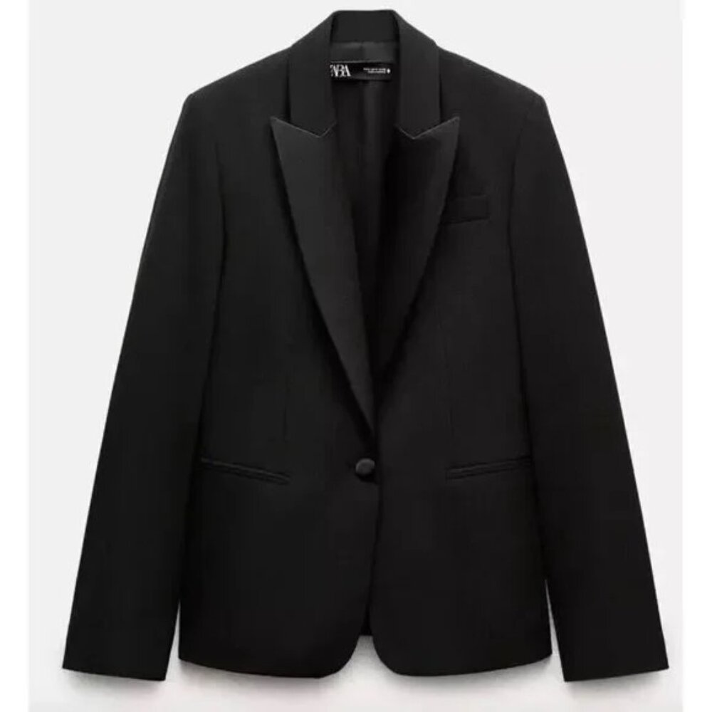 NWT ZARA NEW WOMEN WOOL BLEND‎ DINNER TUXEDO JACKET BLAZER BLACK 8965/477 M